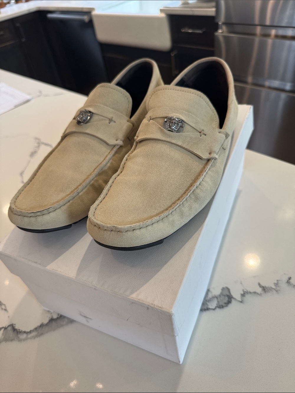 Men's Versace Beige Suede Slip-On Loafers with Decorative Metal Accent